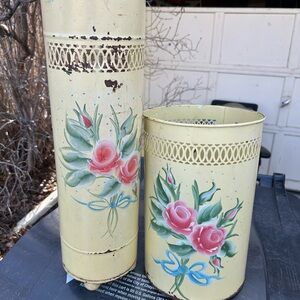 MCM Floral Yellow Floral Metal Trash Can and Tower Toilet Roll Holder
